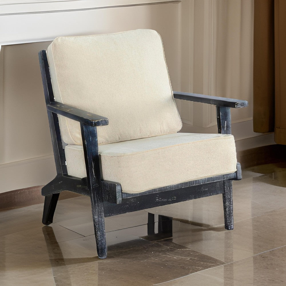 Benjara Rena Accent Lounge Chair, Beige Seat, Distressed Black Solid Wood