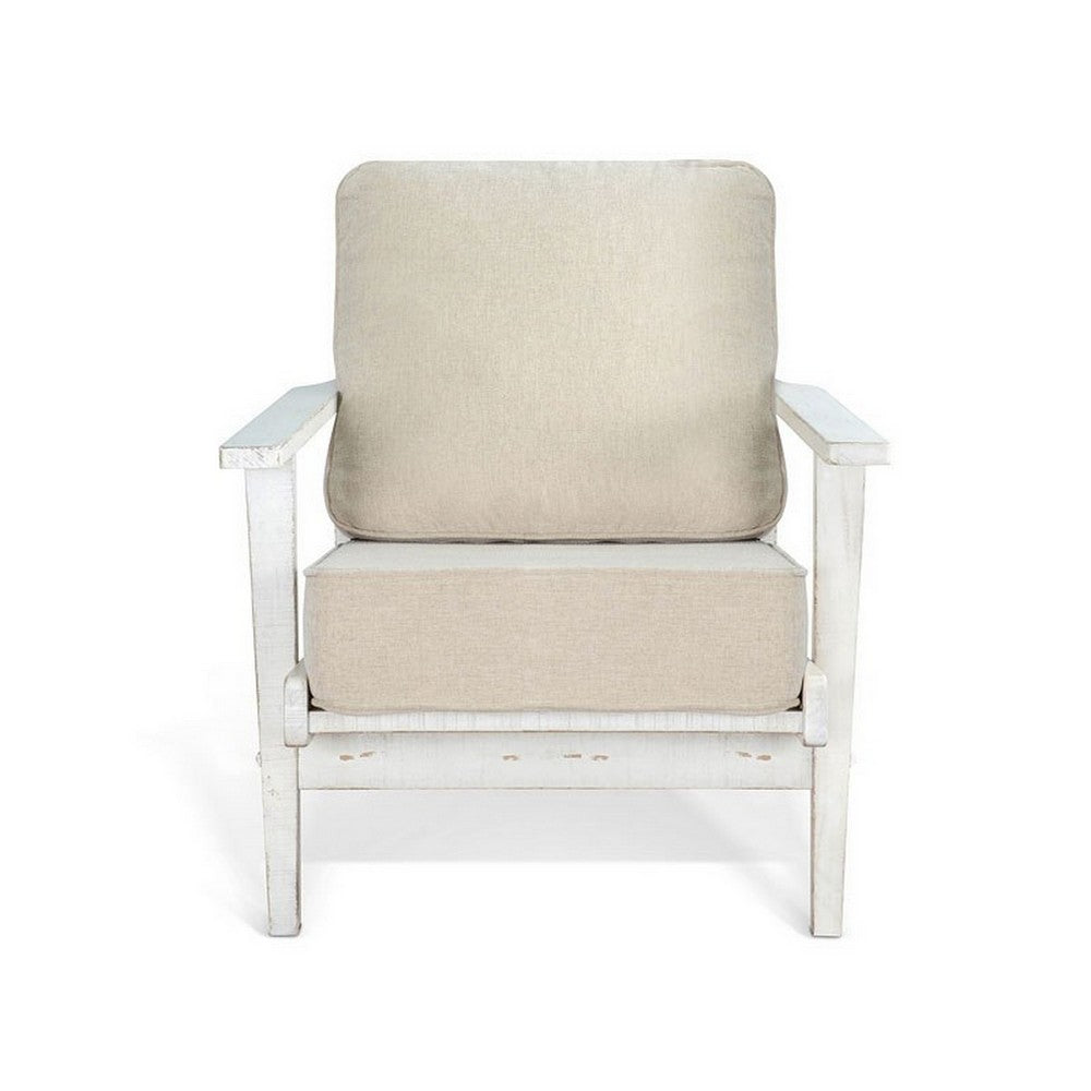 Benjara Rena Accent Lounge Chair, Beige Seat, Classic Sand White Solid Wood