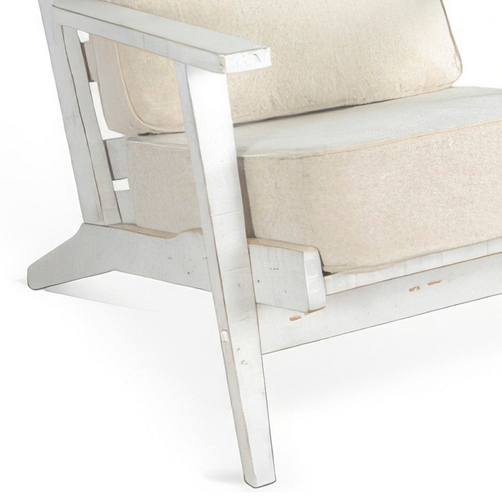 Benjara Rena Accent Lounge Chair, Beige Seat, Classic Sand White Solid Wood