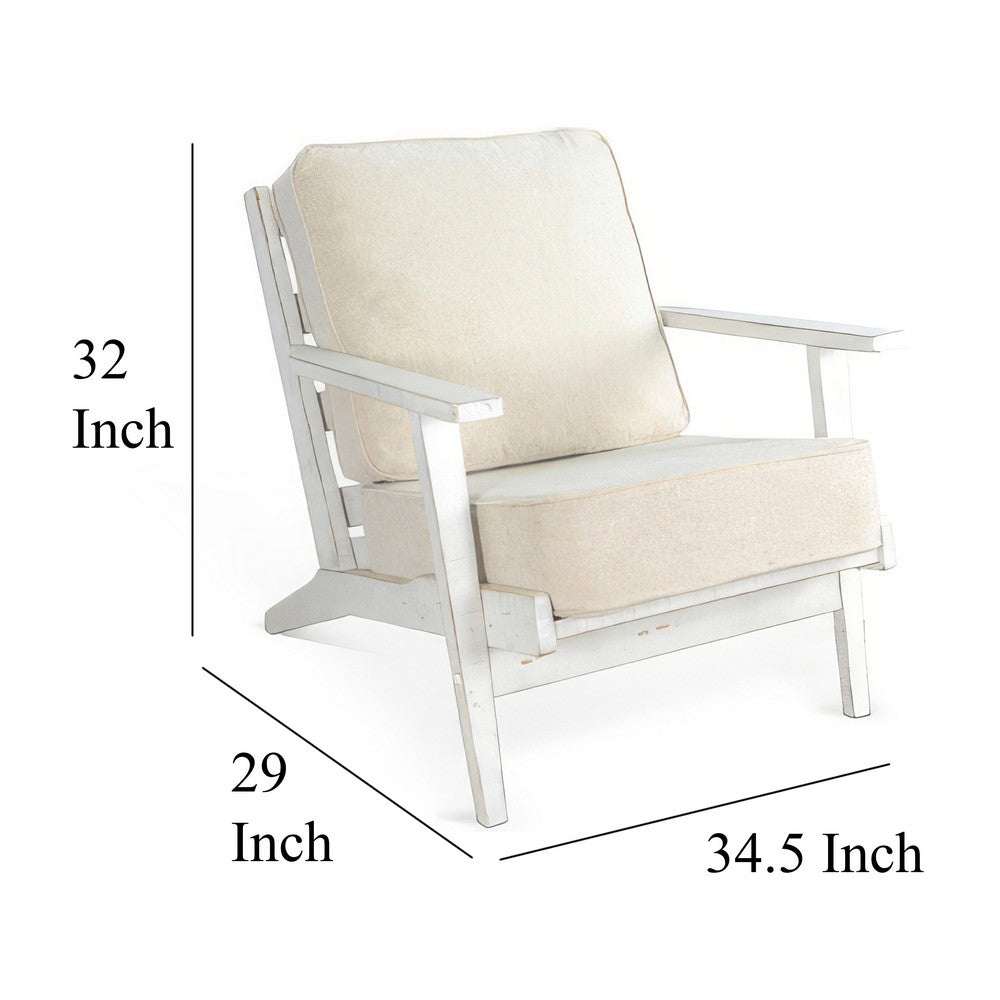 Benjara Rena Accent Lounge Chair, Beige Seat, Classic Sand White Solid Wood