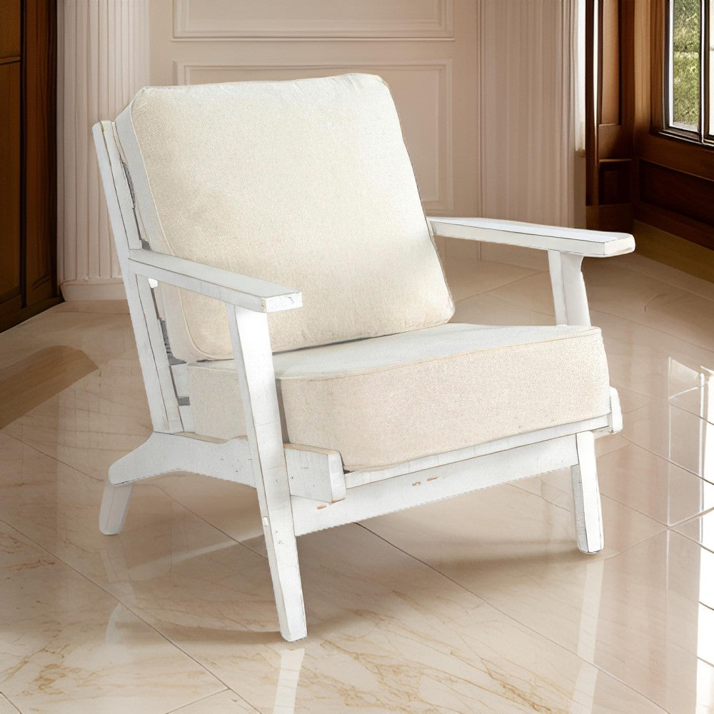 Benjara Rena Accent Lounge Chair, Beige Seat, Classic Sand White Solid Wood