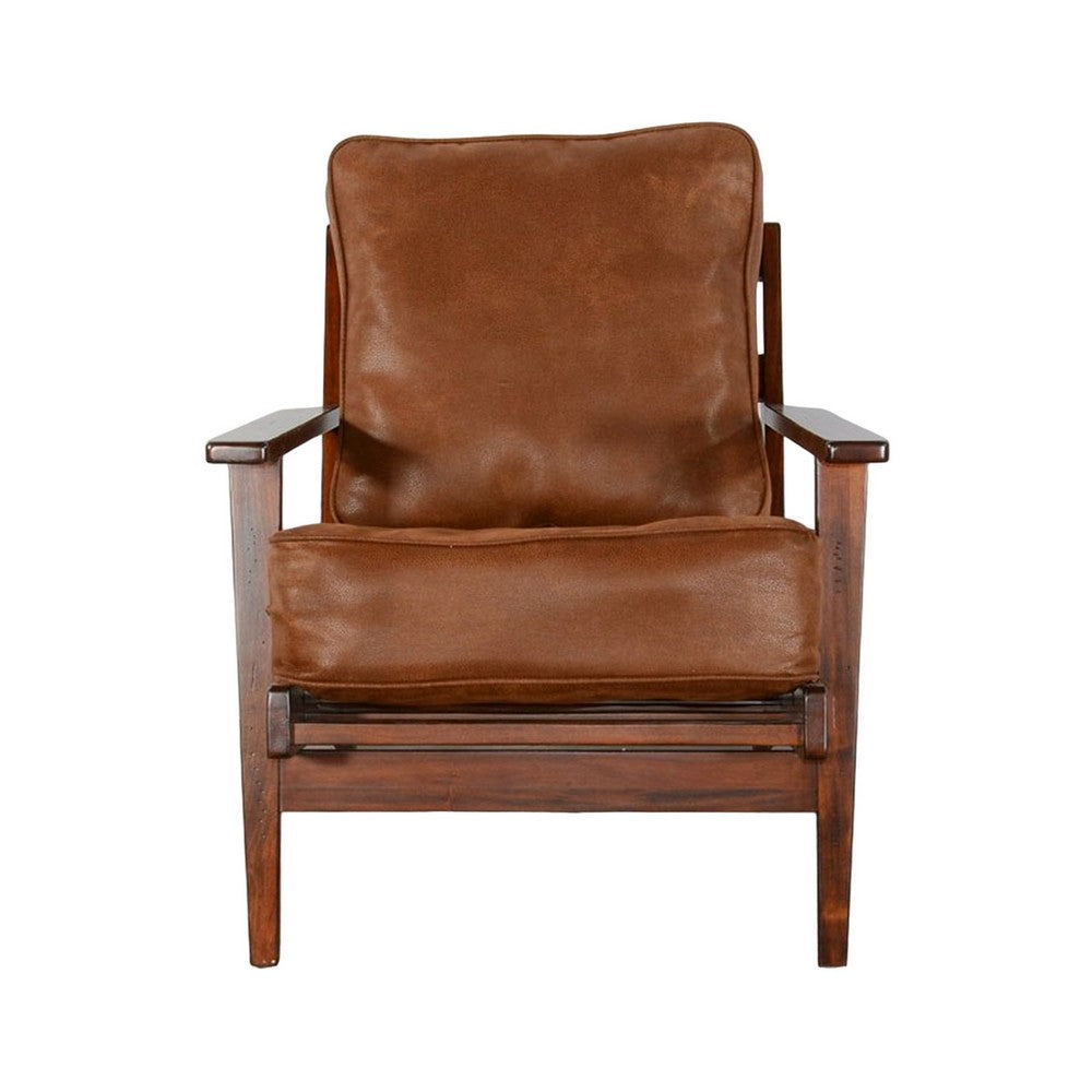 Benjara Odel Accent Lounge Chair, Faux Leather, Dark Brown Solid Wood