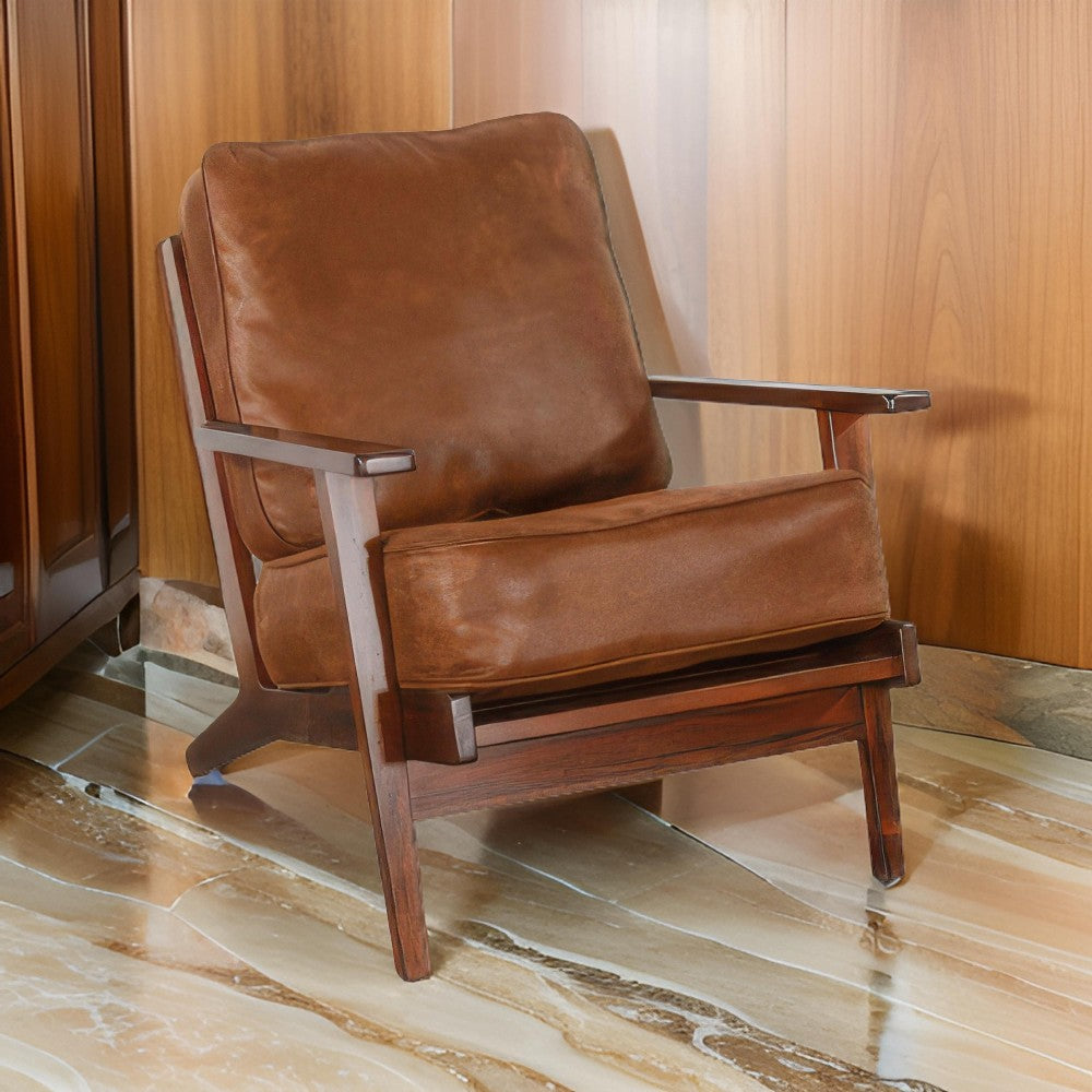 Benjara Odel Accent Lounge Chair, Faux Leather, Dark Brown Solid Wood