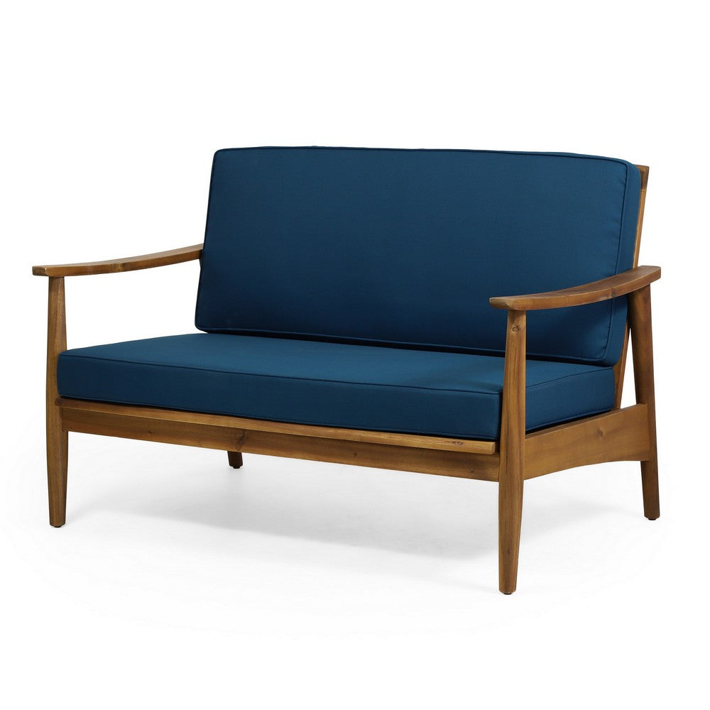 Benjara 2pc Outdoor Loveseat And Table Set, Teal Cushions, Brown Wood Frame