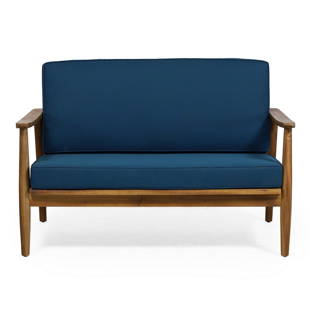 Benjara 2pc Outdoor Loveseat And Table Set, Teal Cushions, Brown Wood Frame