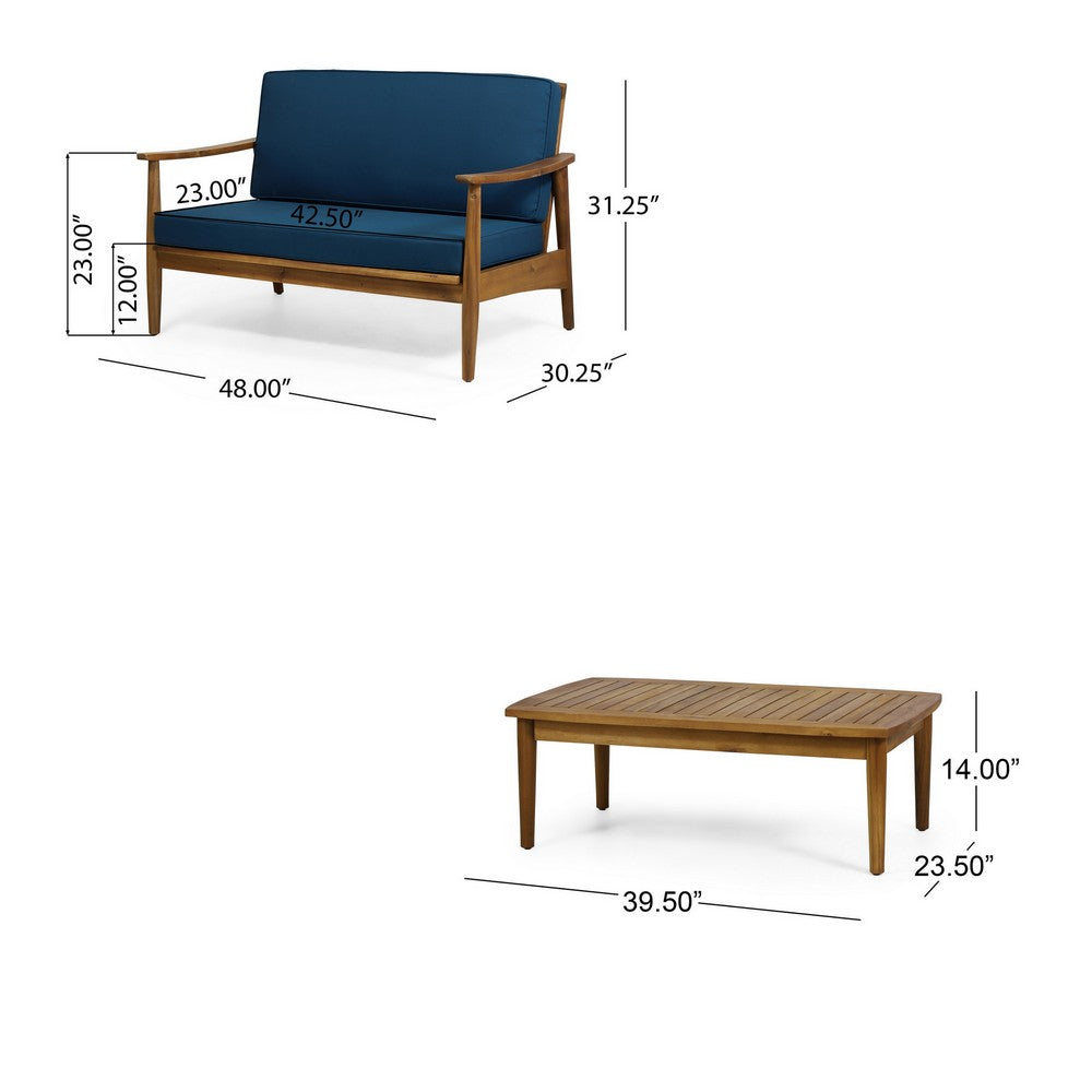 Benjara 2pc Outdoor Loveseat And Table Set, Teal Cushions, Brown Wood Frame