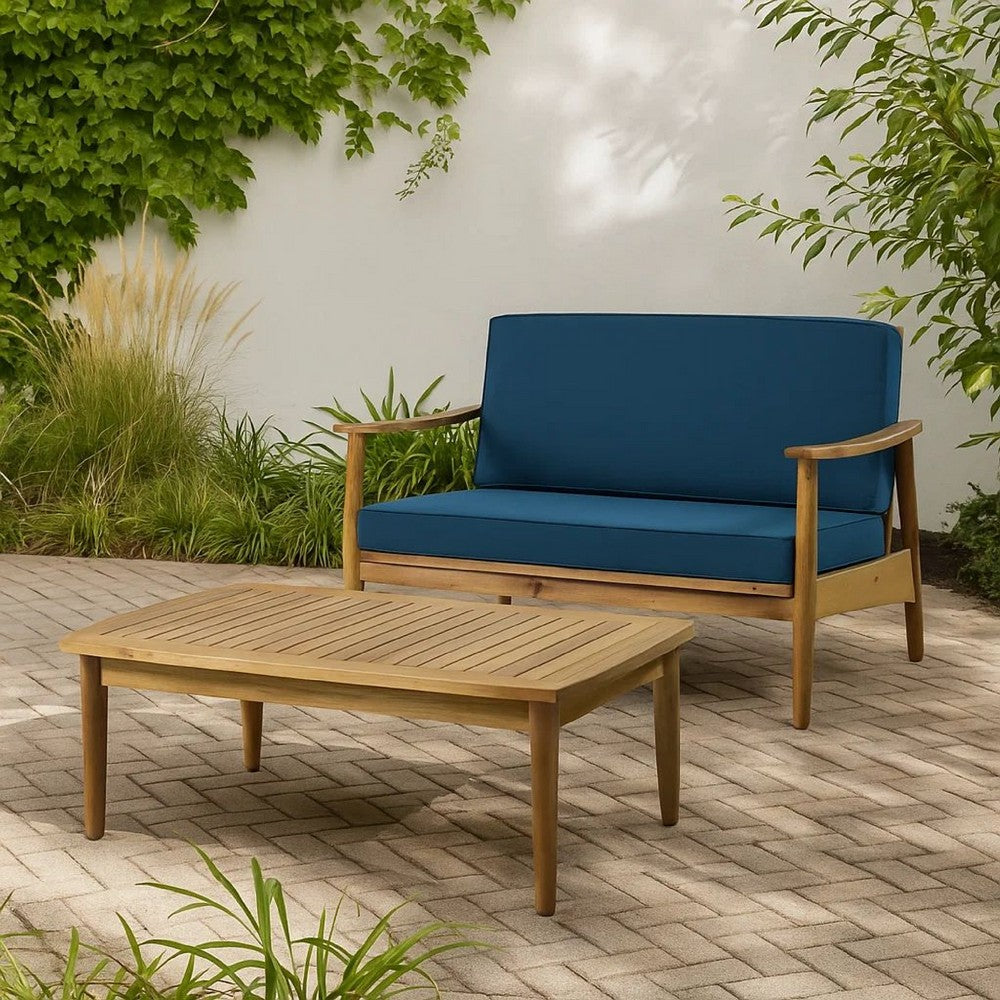 Benjara 2pc Outdoor Loveseat And Table Set, Teal Cushions, Brown Wood Frame