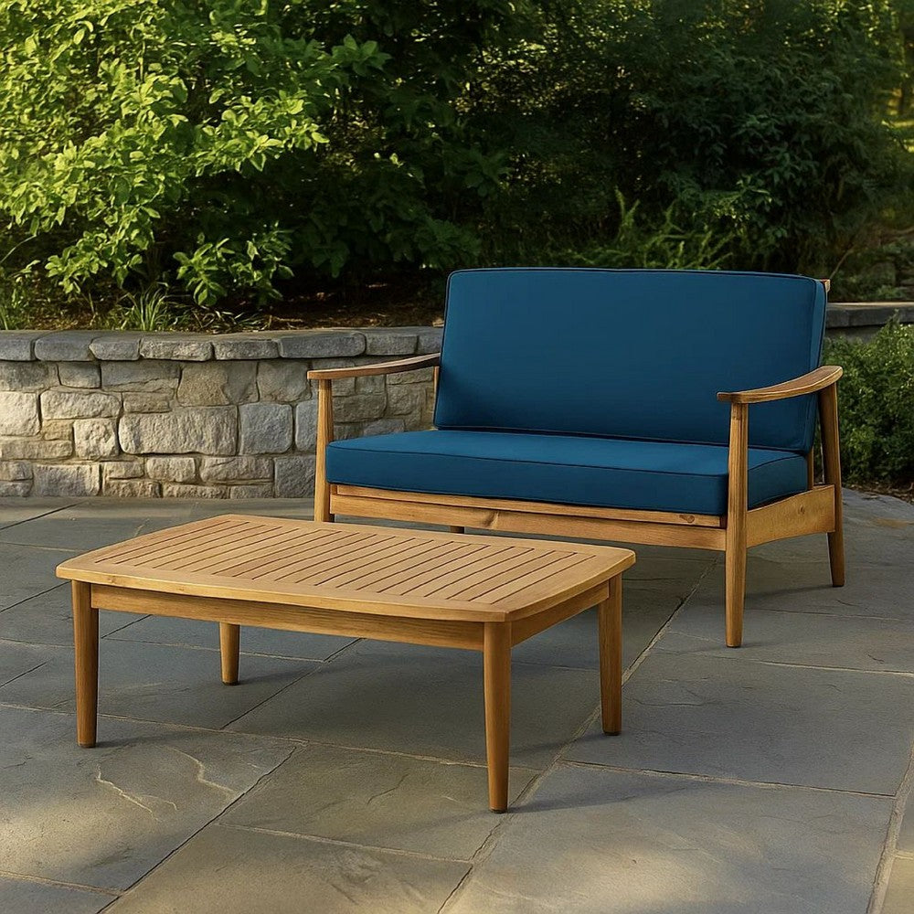 Benjara 2pc Outdoor Loveseat And Table Set, Teal Cushions, Brown Wood Frame