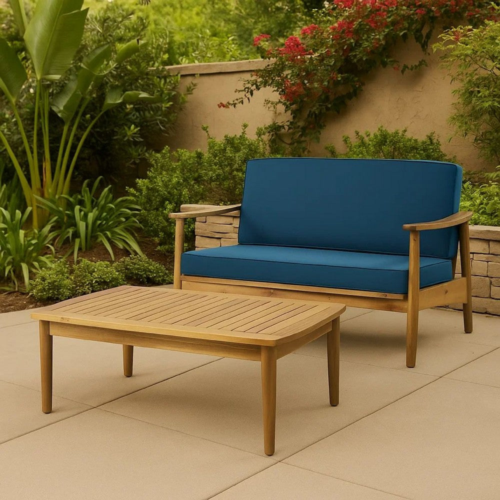 Benjara 2pc Outdoor Loveseat And Table Set, Teal Cushions, Brown Wood Frame
