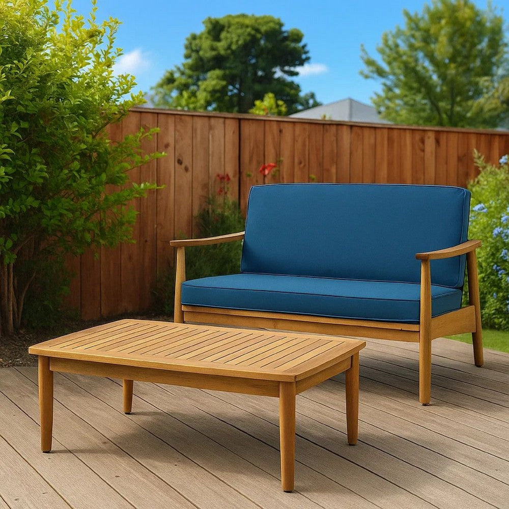 Benjara 2pc Outdoor Loveseat And Table Set, Teal Cushions, Brown Wood Frame