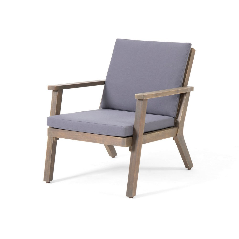 Benjara Elin Outdoor Club Chair Set of 2, Acacia Wood Frame, Gray Cushions