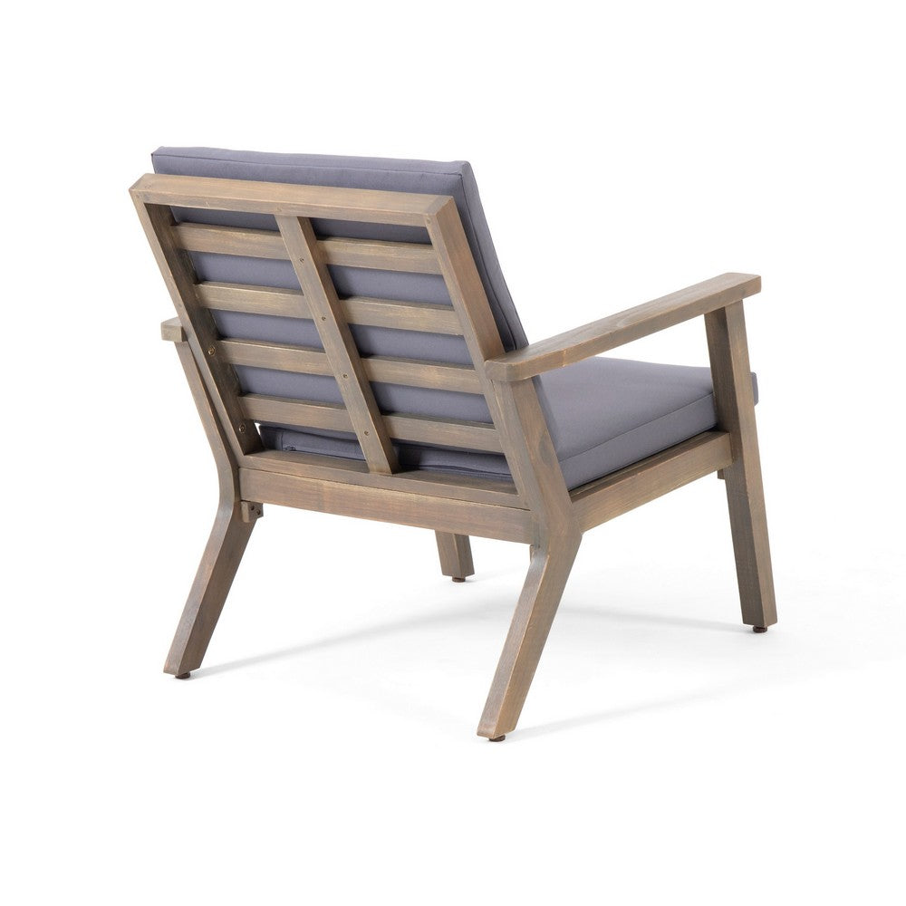 Benjara Elin Outdoor Club Chair Set of 2, Acacia Wood Frame, Gray Cushions