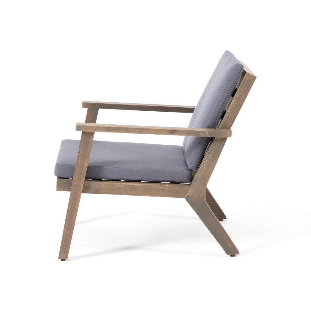 Benjara Elin Outdoor Club Chair Set of 2, Acacia Wood Frame, Gray Cushions