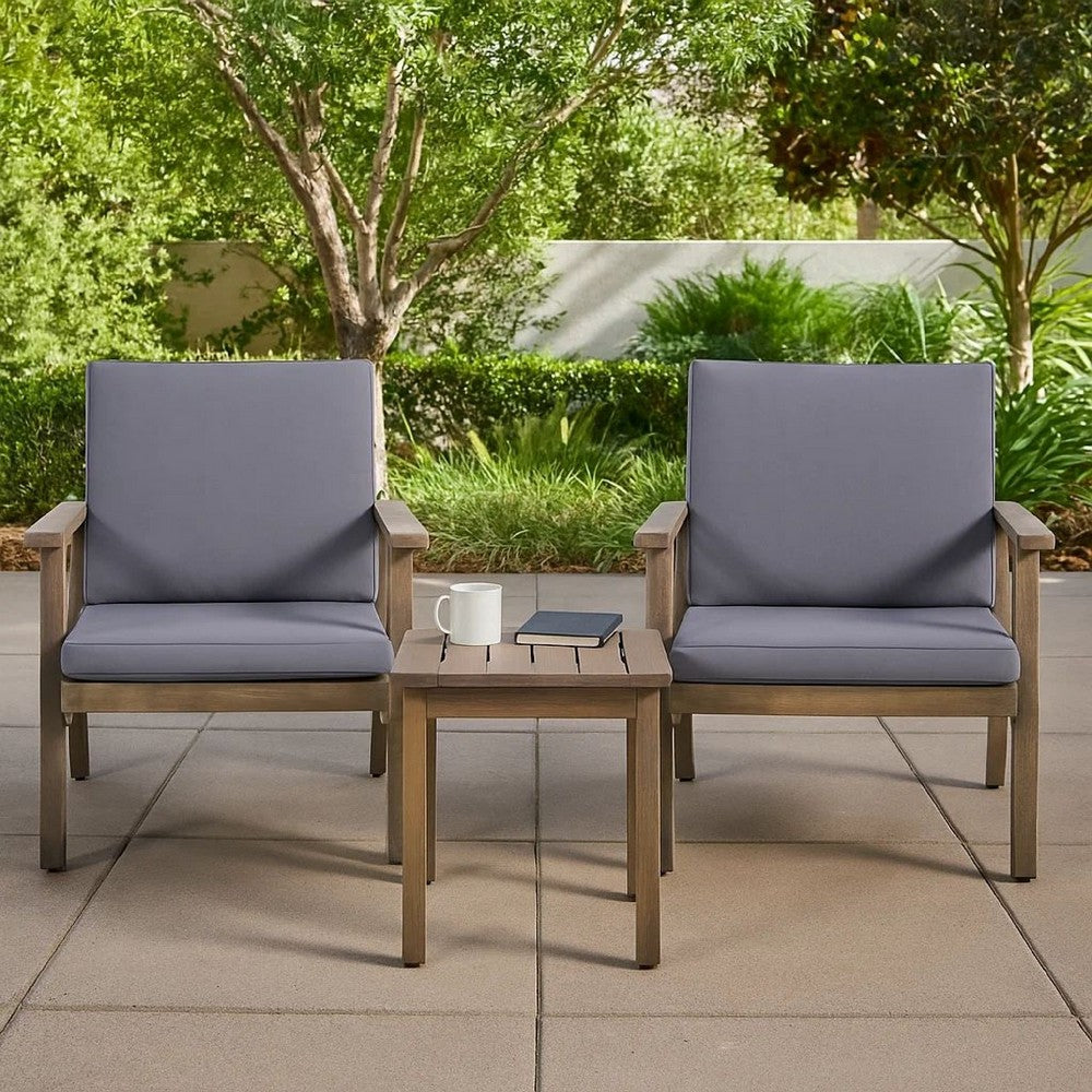 Benjara Elin Outdoor Club Chair Set of 2, Acacia Wood Frame, Gray Cushions