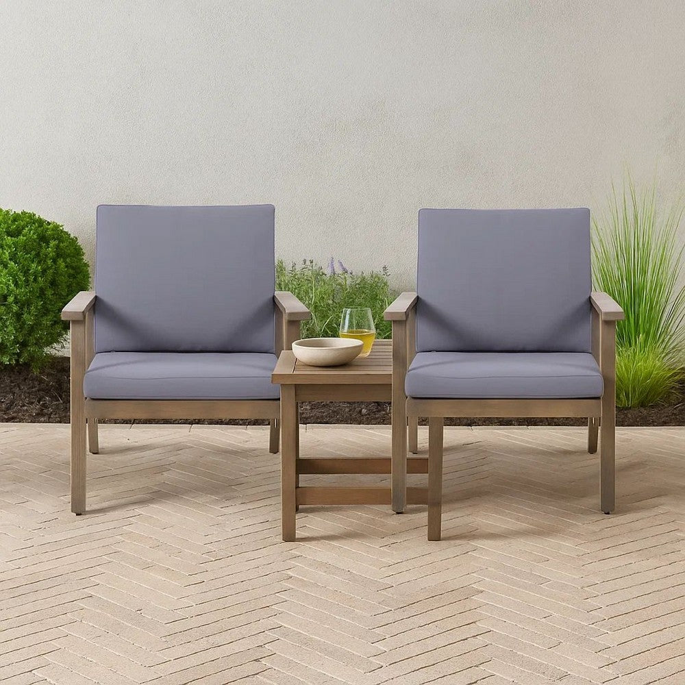 Benjara Elin Outdoor Club Chair Set of 2, Acacia Wood Frame, Gray Cushions