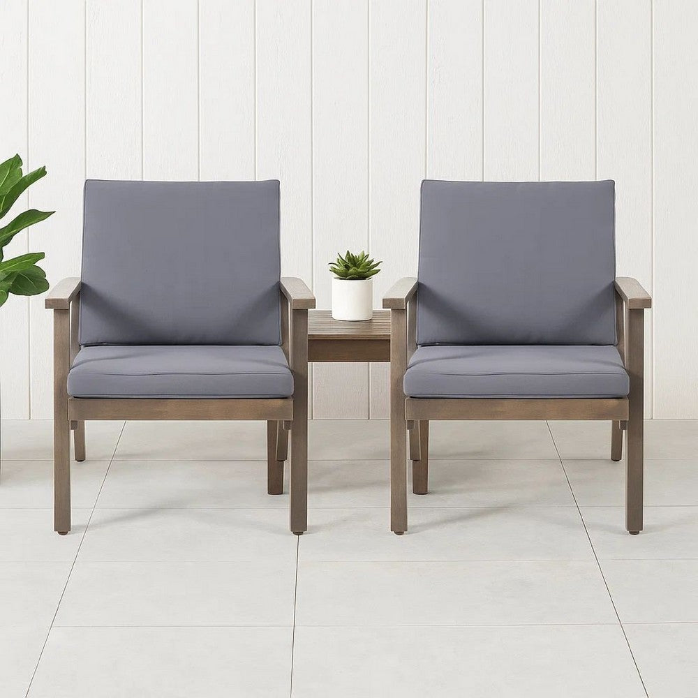 Benjara Elin Outdoor Club Chair Set of 2, Acacia Wood Frame, Gray Cushions