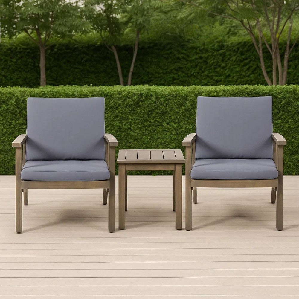 Benjara Elin Outdoor Club Chair Set of 2, Acacia Wood Frame, Gray Cushions