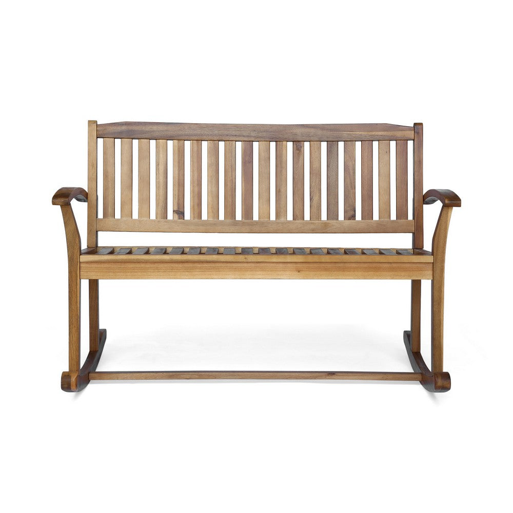 Benjara Outdoor Rocking Loveseat Bench, 50 Inch, Natural Brown Acacia Wood