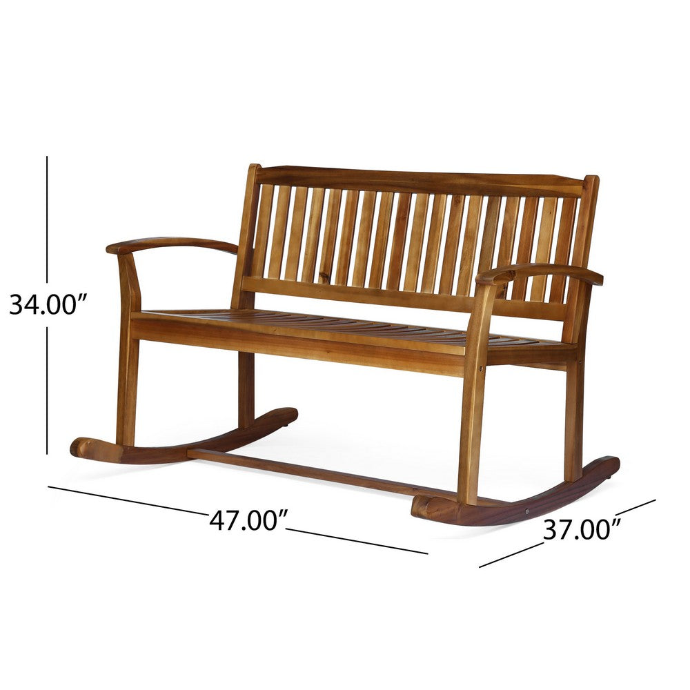 Benjara Outdoor Rocking Loveseat Bench, 50 Inch, Natural Brown Acacia Wood
