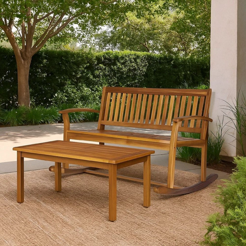 Benjara Outdoor Rocking Loveseat Bench, 50 Inch, Natural Brown Acacia Wood