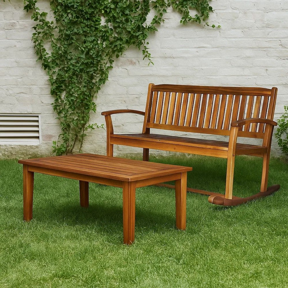 Benjara Outdoor Rocking Loveseat Bench, 50 Inch, Natural Brown Acacia Wood
