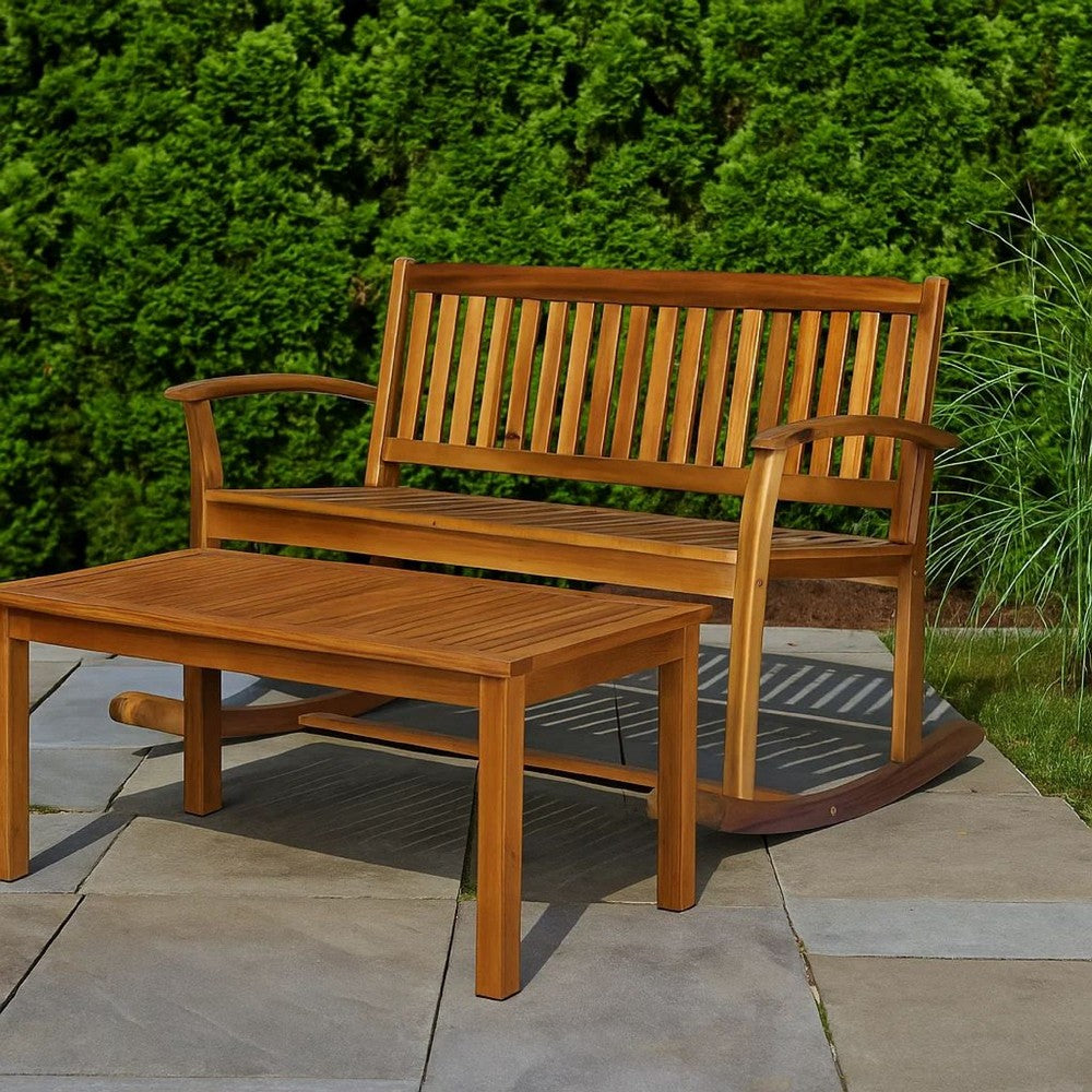 Benjara Outdoor Rocking Loveseat Bench, 50 Inch, Natural Brown Acacia Wood