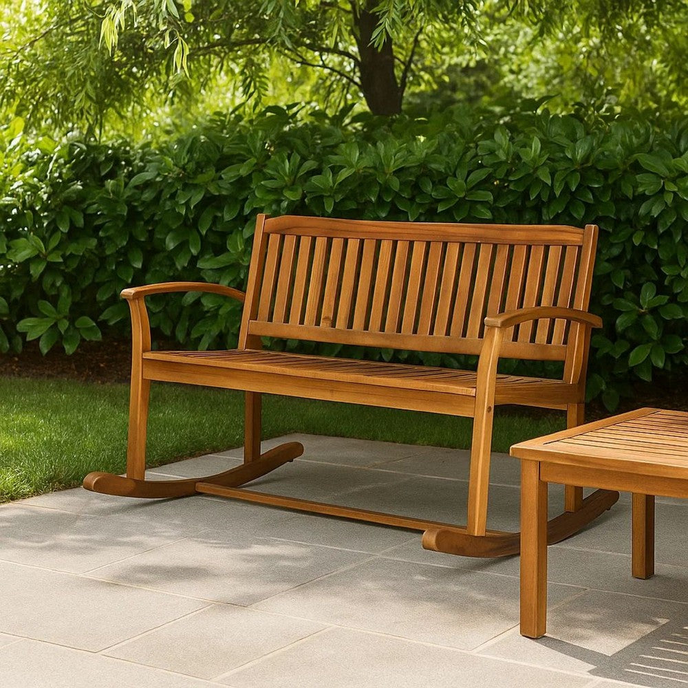 Benjara Outdoor Rocking Loveseat Bench, 50 Inch, Natural Brown Acacia Wood