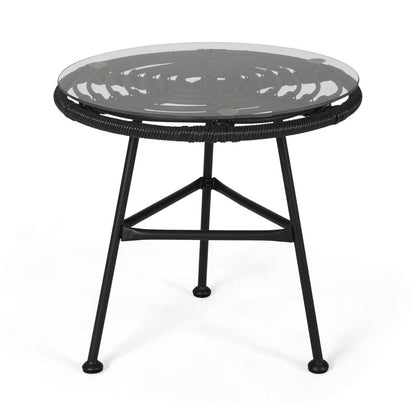 Benjara Tee Outdoor Side End Table, 20 Inch Rattan Weave with Glass Top, Gray