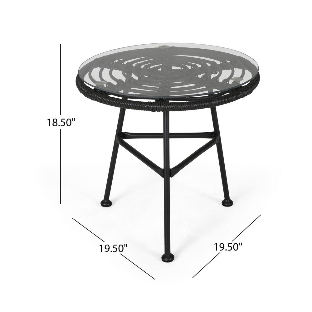 Benjara Tee Outdoor Side End Table, 20 Inch Rattan Weave with Glass Top, Gray