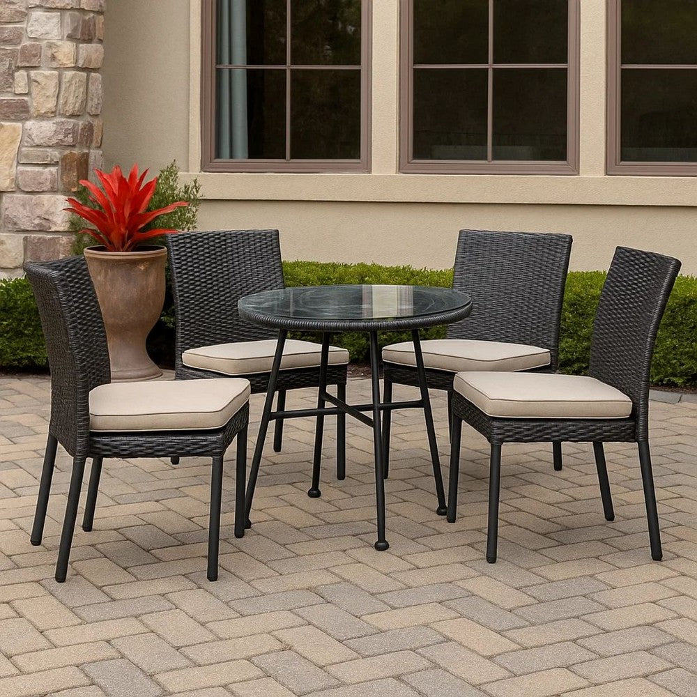 Benjara Tee Outdoor Side End Table, 20 Inch Rattan Weave with Glass Top, Gray
