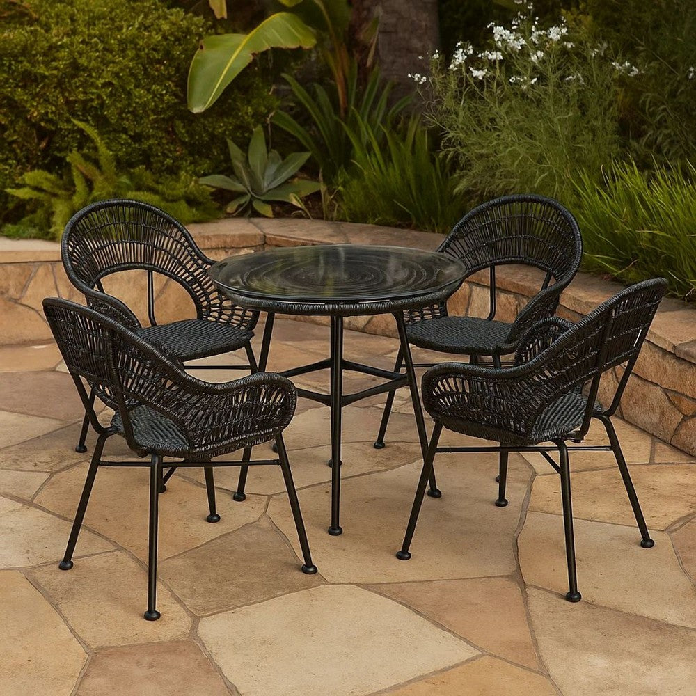 Benjara Tee Outdoor Side End Table, 20 Inch Rattan Weave with Glass Top, Gray