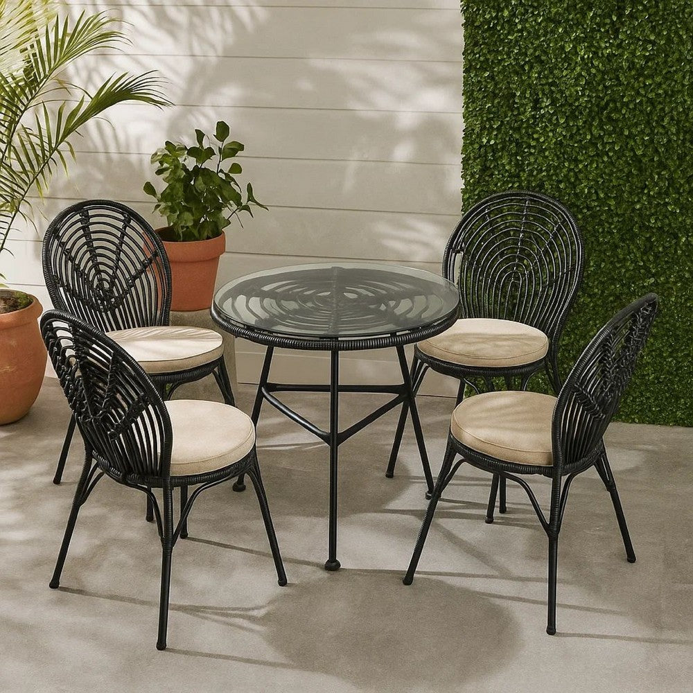 Benjara Tee Outdoor Side End Table, 20 Inch Rattan Weave with Glass Top, Gray