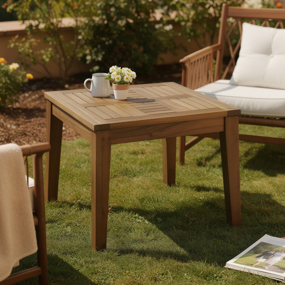 Benjara Bops Outdoor Side End Table, 20 Inch Square, Natural Brown Acacia Wood