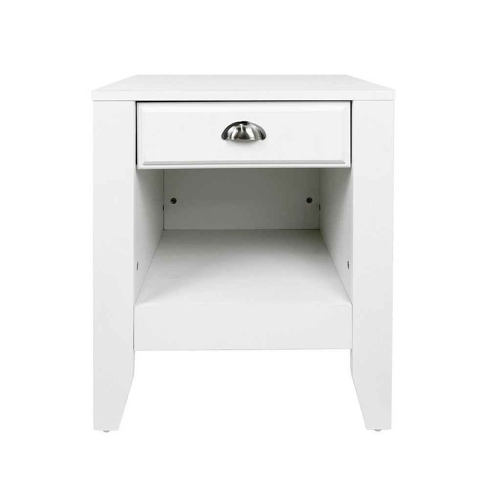 Benjara Crown Bedside Table Nightstand, 21 Inch w Drawer n Shelf, White MDF