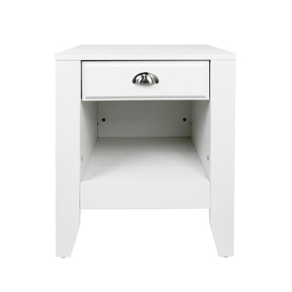 Benjara Crown Bedside Table Nightstand, 21 Inch w Drawer n Shelf, White MDF