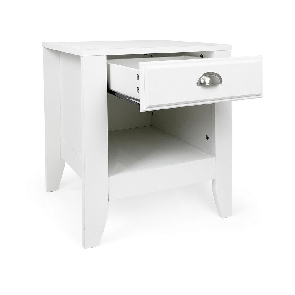 Benjara Crown Bedside Table Nightstand, 21 Inch w Drawer n Shelf, White MDF