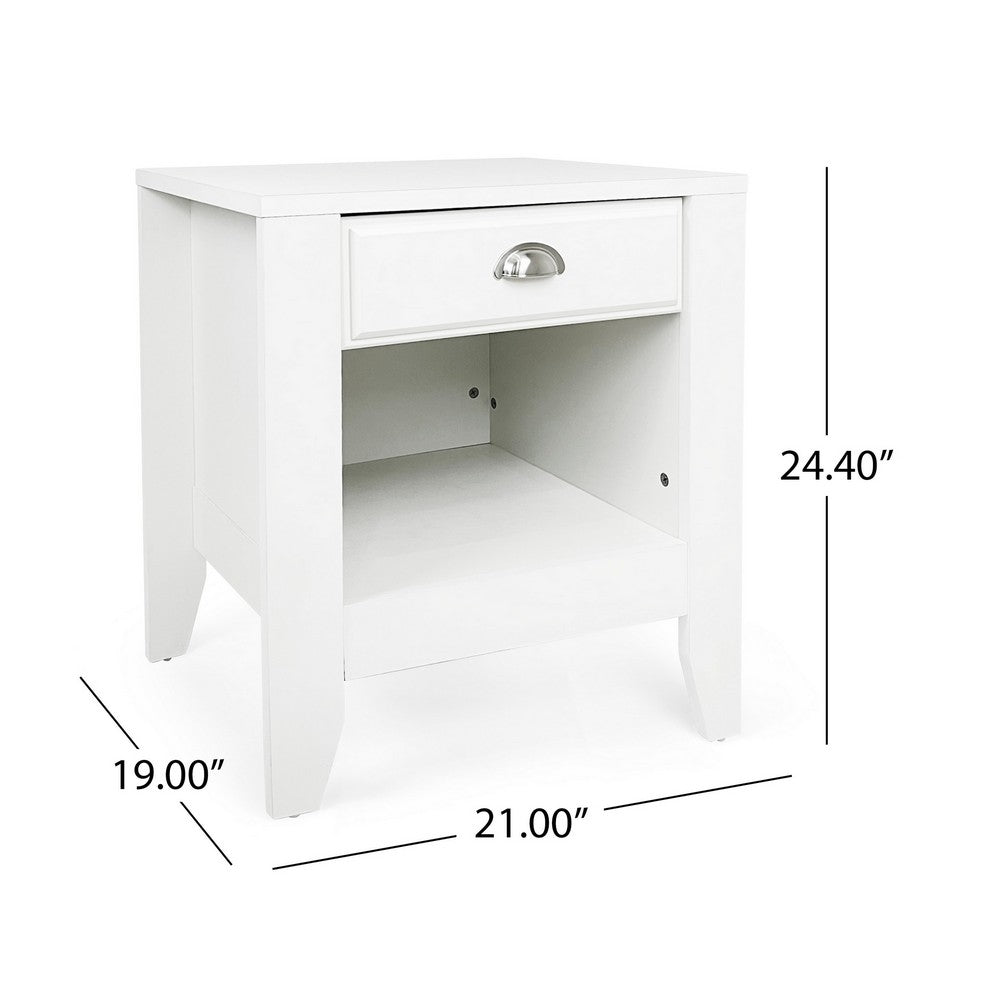 Benjara Crown Bedside Table Nightstand, 21 Inch w Drawer n Shelf, White MDF