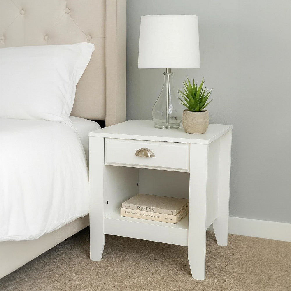 Benjara Crown Bedside Table Nightstand, 21 Inch w Drawer n Shelf, White MDF