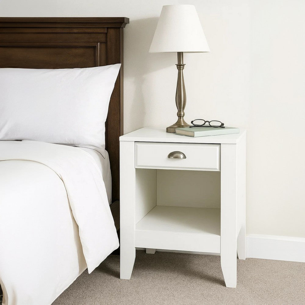 Benjara Crown Bedside Table Nightstand, 21 Inch w Drawer n Shelf, White MDF
