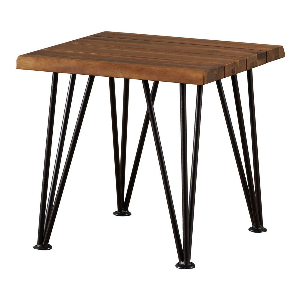 Benjara Zion Outdoor Accent Table, 18 Inch Square, Hairpin Legs, Brown Wood