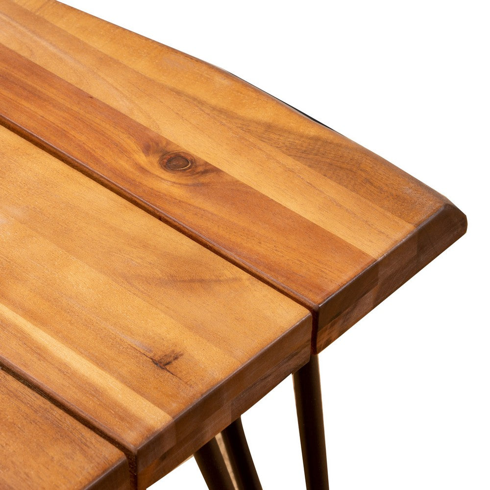 Benjara Zion Outdoor Accent Table, 18 Inch Square, Hairpin Legs, Brown Wood