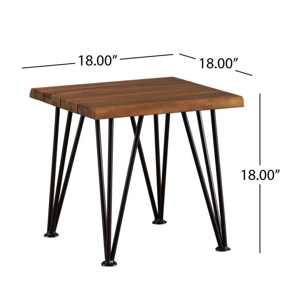 Benjara Zion Outdoor Accent Table, 18 Inch Square, Hairpin Legs, Brown Wood