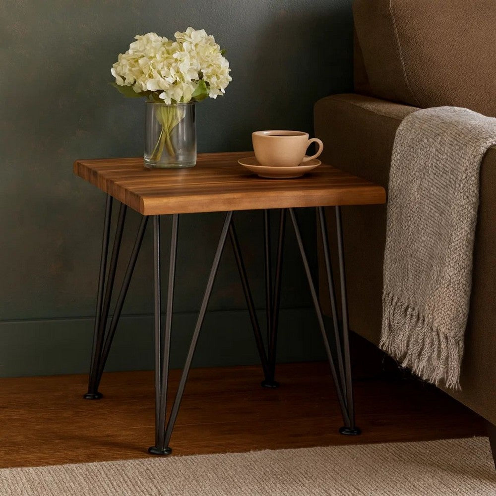 Benjara Zion Outdoor Accent Table, 18 Inch Square, Hairpin Legs, Brown Wood