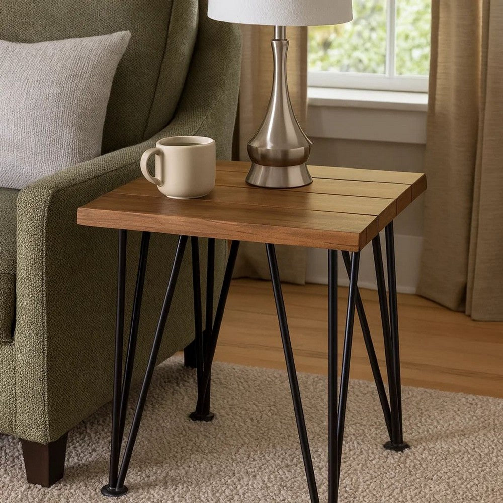 Benjara Zion Outdoor Accent Table, 18 Inch Square, Hairpin Legs, Brown Wood