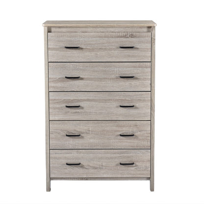 Benjara Sifa Tall Dresser Chest, 5 Drawers, Rustic Oak Gray MDF, Black Handles