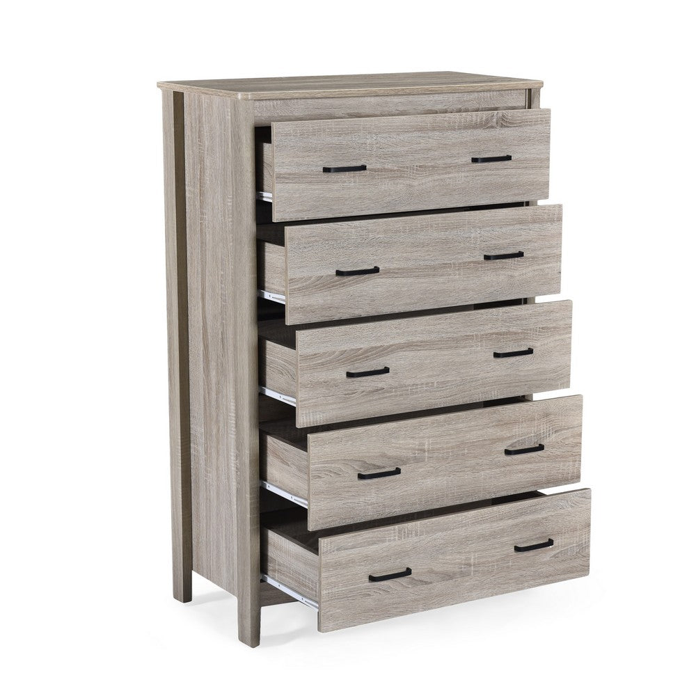 Benjara Sifa Tall Dresser Chest, 5 Drawers, Rustic Oak Gray MDF, Black Handles