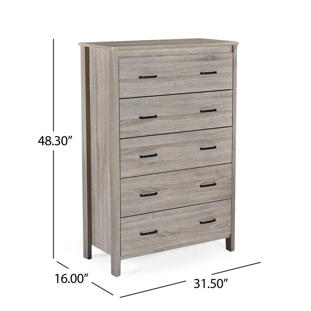 Benjara Sifa Tall Dresser Chest, 5 Drawers, Rustic Oak Gray MDF, Black Handles