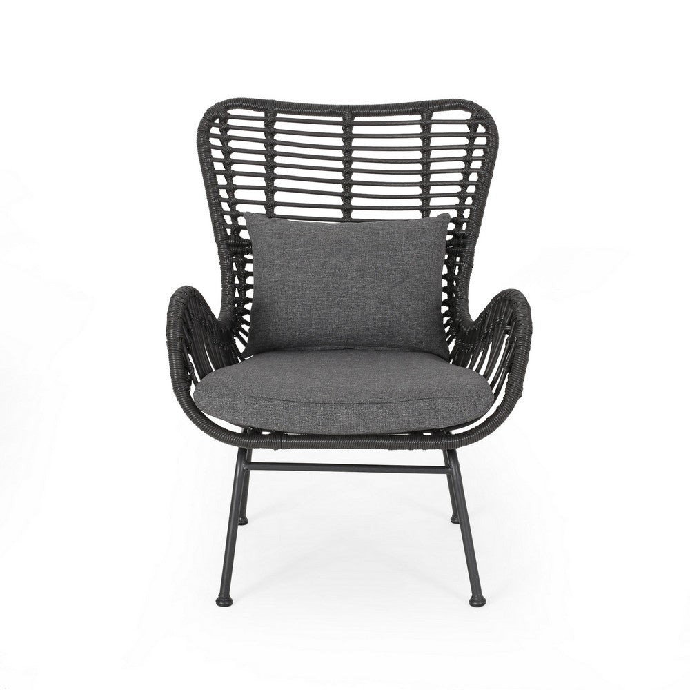 Benjara Slay Outdoor Accent Chair Set of 2, 25 Inch, Gray Woven Rattan, Iron Legs