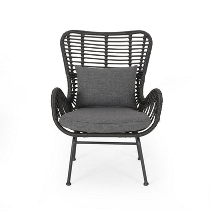Benjara Slay Outdoor Accent Chair Set of 2, 25 Inch, Gray Woven Rattan, Iron Legs