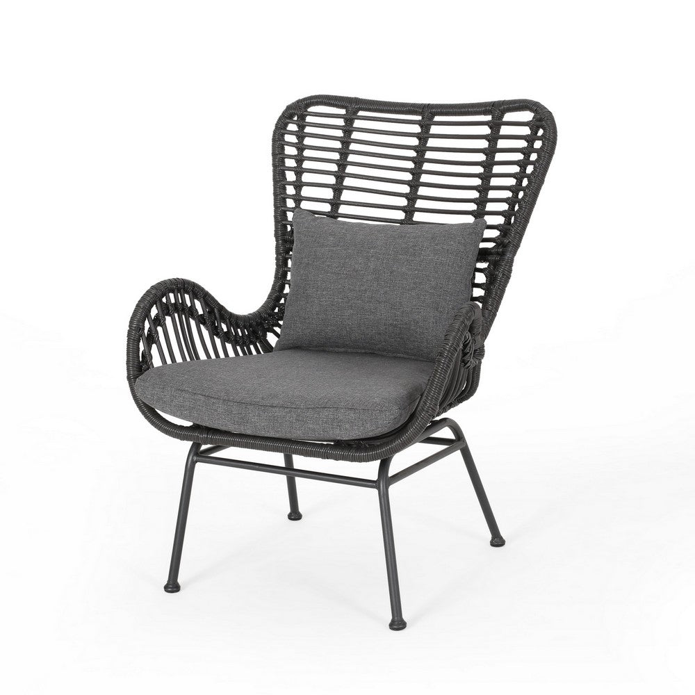 Benjara Slay Outdoor Accent Chair Set of 2, 25 Inch, Gray Woven Rattan, Iron Legs